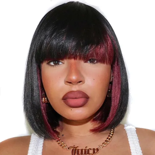 Miniatura 11 de ToyoTress Peek-a-boo Peluca de color Bob con flequillo, 8 pulgadas, mezcla de negro y marrón, pelucas Bob de corte romo, para mujeres negras, SH30