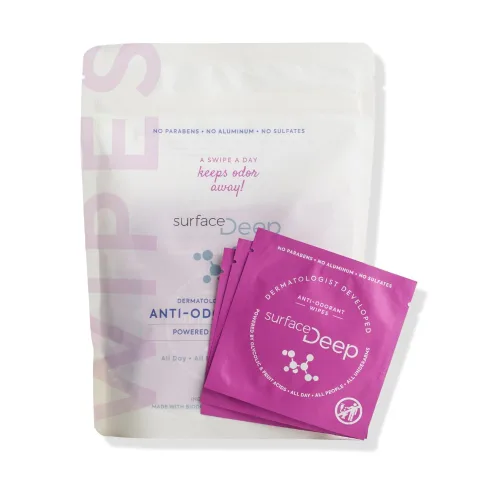 Surface Deep Toallitas desodorantes, desarrolladas y patentadas por dermatólogos, toallitas corporales antiolor, fórmula natural, desodorante apto