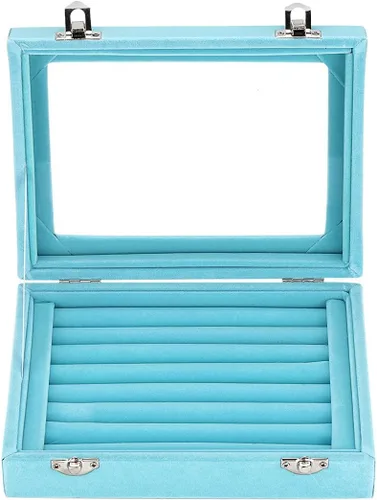GSLSTGS Caja de almacenamiento de joyería de cristal de terciopelo para anillos aretes caja de joyería estuche para anillos 2 cierres azul claro