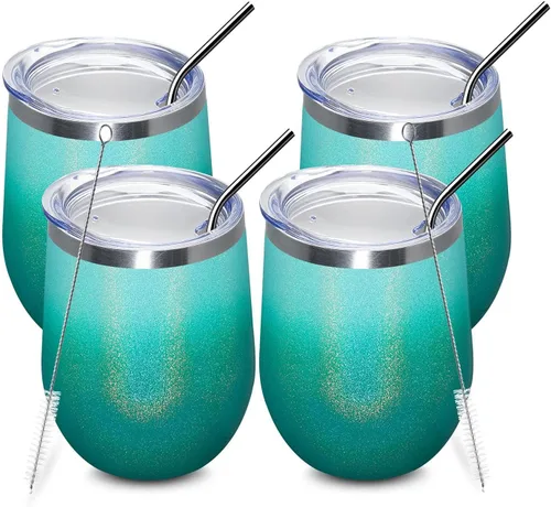 Miniatura 41 de MEWAY Vaso de vino sin tallo de 12 onzas con tapa, vaso de viaje de acero inoxidable con aislamiento de doble pared al vacío con popote, para Negro