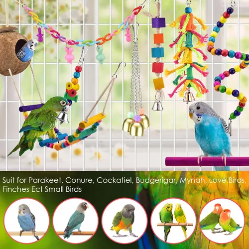 Miniatura 7 de KATUMO Juguetes para pájaros, loro oscilante, escalera, perca, madera, perca, pájaros, masticar, cacatúas, campanas colgantes, juguetes