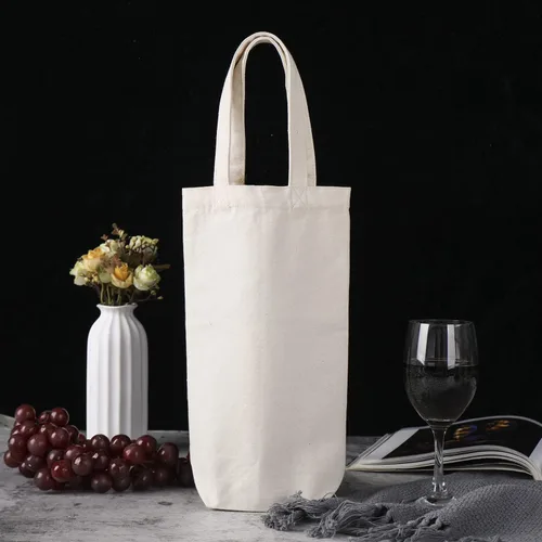 Miniatura 6 de Bolsa de vino, 10 x 7 x 2 pulgadas, 4 bolsas reutilizables de lona de algodón con etiqueta de cordón Azul