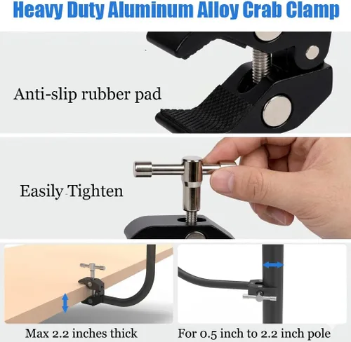 Miniatura 3 de Kereal Microphone Stand Arm Gooseneck 22” Extender Mic Clip With 1/4" to 3/8" Adapter Mount & Metal Crab Clamp,Mic Holder For Podium,Kick