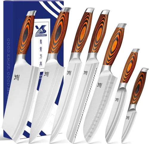 MSY BIGSUNNY Juego de cuchillos de cocina de 7 piezas, acero inoxidable alemán para cuchillos de chef con mango de madera de Pakkawood, juego de