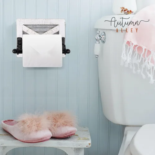 Miniatura 2 de Autumn Alley Soporte de papel higiénico blanco para pared, accesorios decorativos de baño de granja, madera lavada blanca, metal galvanizado y metal