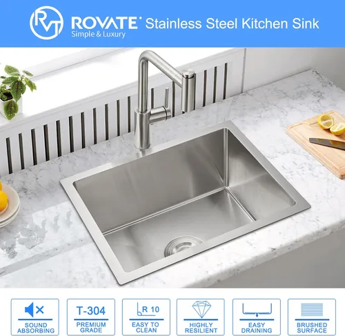 Miniatura 3 de ROVATE Fregadero de cocina de 20 x 16 x 9 pulgadas, fregadero de cocina de acero inoxidable 304 con colador para montaje inferior, fregadero