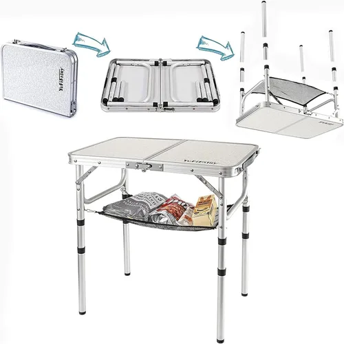 Miniatura 4 de YUFIFAIRY Mesa plegable pequeña de 2 pies, mesa de campamento portátil con soportes de malla, altura ajustable de aluminio ligero, con asa