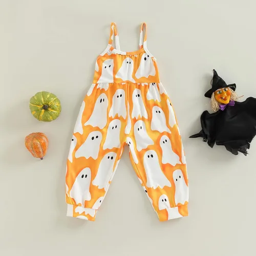 Miniatura 2 de Emmababy Enterizo de Halloween para niños y niñas pequeñas, con estampado de calabaza, fantasmacaricatura, gato, calabaza, sin mangas, 1-6T, overol