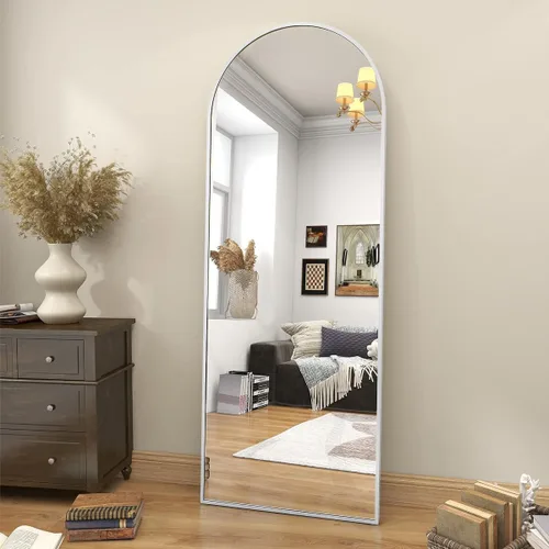 BEAUTYPEAK Espejo de Piso de Cuerpo Completo Arqueado de 64"x21", Espejo de Longitud Completa para Colgar o Apoyar con Parte Superior Arqueada, Plata