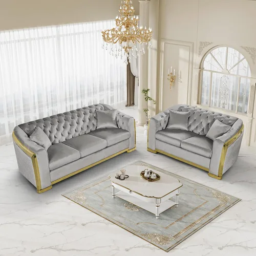 Miniatura 9 de DAMAIFROM Sofá Chesterfield moderno de mediados de siglo, sofá de terciopelo de 62"+84" pulgadas, sofá de terciopelo negro y dorado, sofá curvo