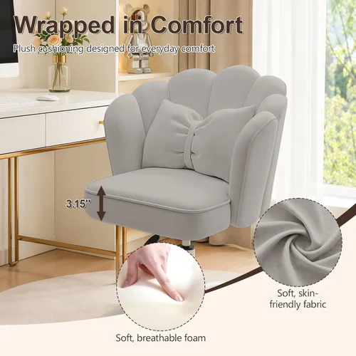 Miniatura 5 de Silla de tocador con ruedas, silla de escritorio de pétalos de terciopelo, silla tapizada para la oficina en casa, para mujeres y niñas, silla