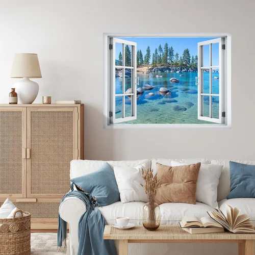 Miniatura 3 de wall26 Adhesivo mural removible para pared, vista de ventana, vibrante temporada de verano, bosque, lago vibrante, naturaleza, desierto, fotografía