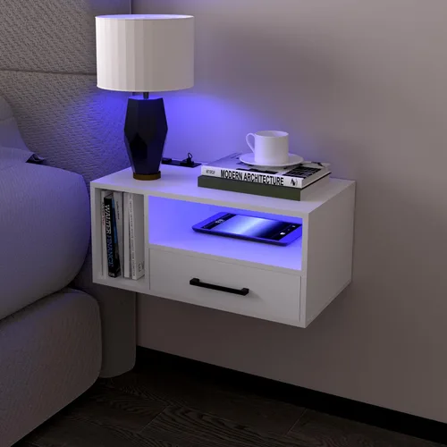 Miniatura 10 de Homaterial Mesita de noche flotante con estación de carga y luces LED, mesita de noche flotante con cajones, mesitas de noche montadas en la pared