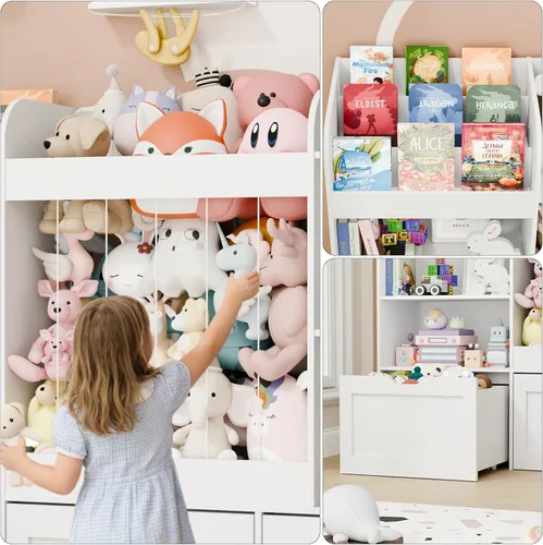 Miniatura 6 de Organizador de almacenamiento de juguetes para niños de 61 pulgadas de ancho con estantería, organizadores de juguetes extra grandes con Blanco