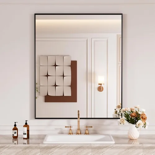 Miniatura 33 de Espejo de baño LED de 60x36 pulgadas con marco negro, espejos de baño retroiluminados y con luz frontal para pared, antiempañamiento, regulable