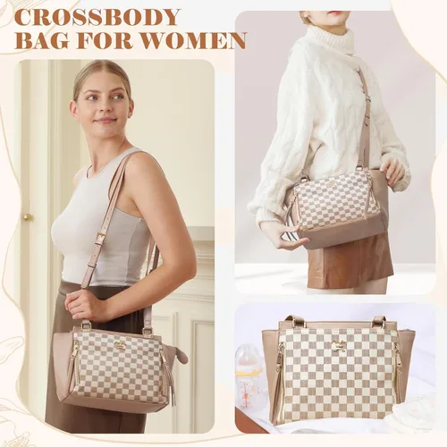 Miniatura 2 de miss fong Bolsa de pañales pequeña a cuadros, bolsa cruzada para pañales, bolsa de pañales, bolsa cruzada de cuero para mujer, color beige y miel