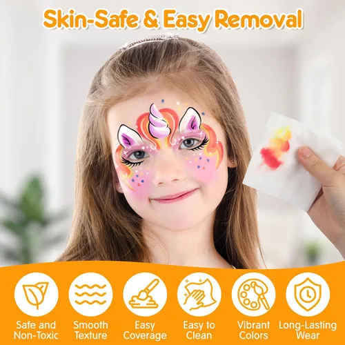 Miniatura 4 de Mocoosy Kit de pintura facial de 41 colores para niños, paleta de pintura facial no tóxica activada por agua con plantilla, pinceles, gema, kit