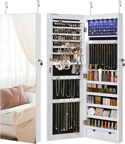 Miniatura 9 de SONGMICS - Armario de joyería con gabinete, organizador con cerradura para montar en pared con 2 bandejas de almacenamiento de cosméticos