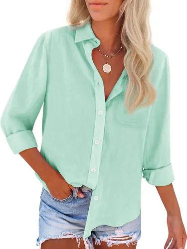 Miniatura 25 de Camisas de algodón con botones, para mujer, camisas de vestir Oxford, camisas de trabajo de manga larga, blusas con cuello y bolsillo