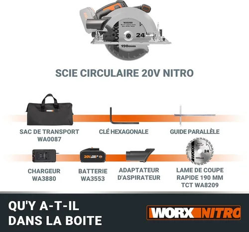 Miniatura 7 de WORX Sierra circular sin escobillas de 20 V PowerShare WX520 Incluye 1 batería de 2 Ah y cargador Motor sin escobillas, corte biselado, base