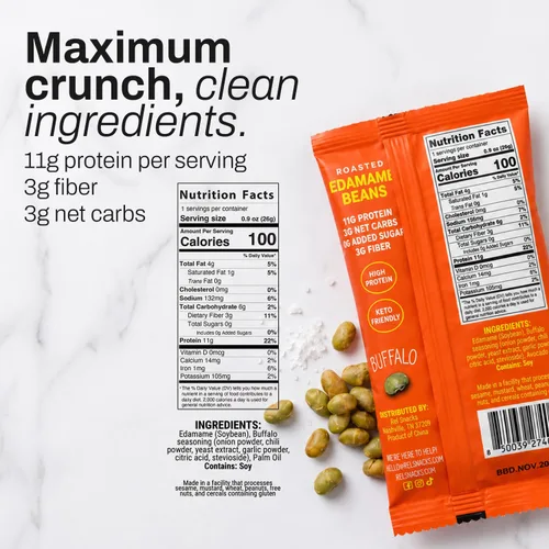 Miniatura 2 de Rēl Snacks - Edamame tostado al estilo Buffalo – Snack alto en proteínas y bajo en carbohidratos (11g de proteína por porción) – Apto para dieta