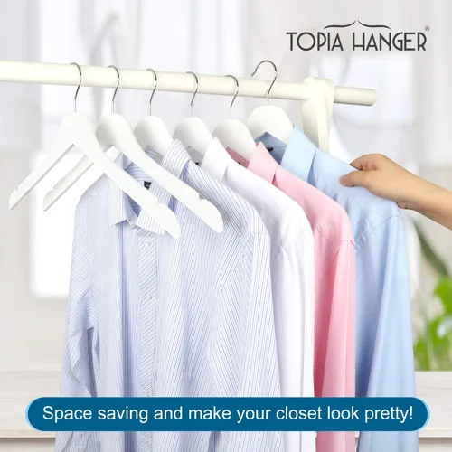 Miniatura 7 de TOPIA HANGER Paquete de 10 perchas de madera blanca, de 0.28 pulgadas, con diseño plano y muescas suaves, ligeras y duraderas que ahorran espacio