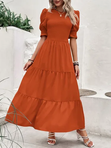 Miniatura 48 de BTFBM Vestidos para mujer, cuello redondo, casual, de verano, con volantes, manga corta, bohemio, con niveles, fruncido, largo, con estampado floral