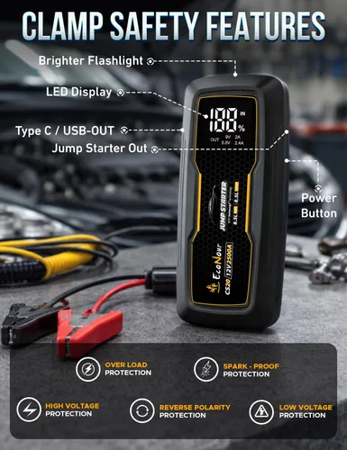 Miniatura 4 de EcoNour Arrancador de Batería para Auto Puente de Batería para Auto Paquete de Arrancador Portátil de 2500 A con Cable de Carga Ideal