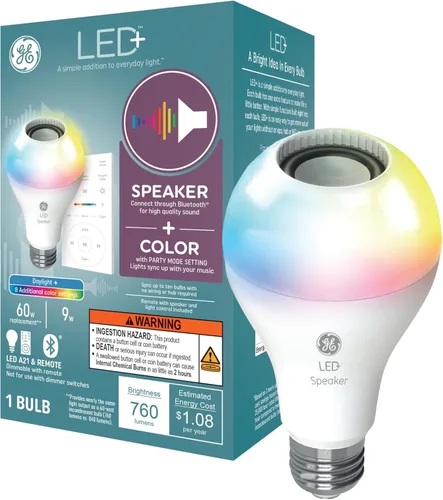 Miniatura 9 de GE LED+ A21 Bombilla LED, Luz LED Interior con Cambio de Color, Altavoz Inalámbrico Bluetooth con Control Remoto, 9W, Multicolor y Blanco Cálido