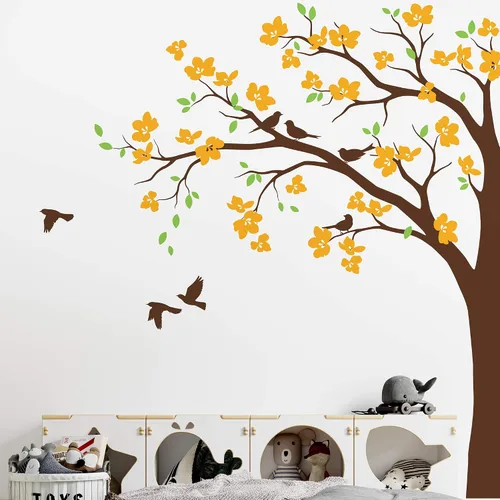 Miniatura 4 de Adhesivo decorativo para pared de árbol de esquina grande con flores grandes, pájaros y hojas para cuarto de bebé, mural 087