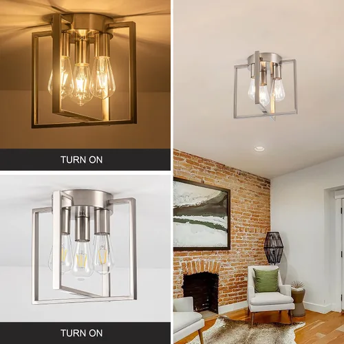 Miniatura 3 de Lámpara de montaje empotrado de 3 luces, marco de metal de níquel cepillado con jaula de metal geométrica contemporánea, para sala de estar, cocina