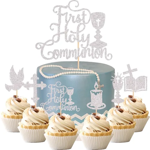 Miniatura 16 de 24 piezas de decoración para cupcakes con purpurina y paloma para magdalenas, para primera comunión, tema de bautismo cristiano, baby shower, fiesta