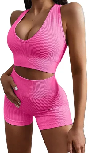 MANON ROSA Trajes de yoga para mujer, sin costuras, conjunto de 2 piezas, leggings cortos, brasier deportivo, ropa de entrenamiento, ropa deportiva