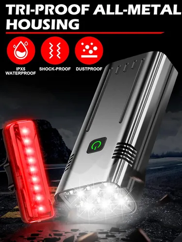 Miniatura 7 de Luces de bicicleta de alto lúmenes delanteras y traseras para conducción nocturna, 10,000 mAh USB recargable 6 luces LED para bicicleta, 5+5 modos