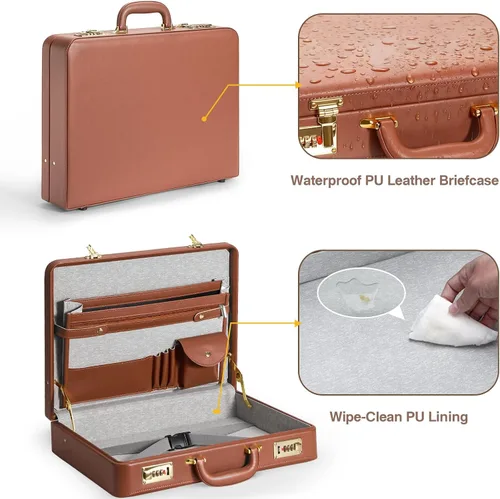Miniatura 6 de LOCKCURX Maletines para hombres, maletín antirrobo de doble bloqueo con compartimento para laptop de 16 pulgadas, piel sintética impermeable, Marrón