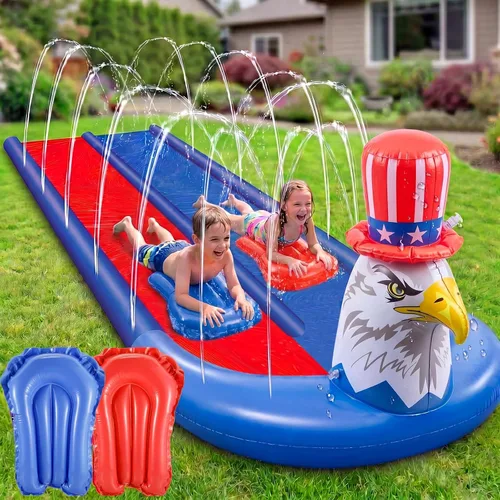 Miniatura 6 de Foilswirl Tobogán acuático de pato 3D de 20 pies, tobogán de agua de doble carril, valla segura de 3 caras, inflable resistente con 2 tablas