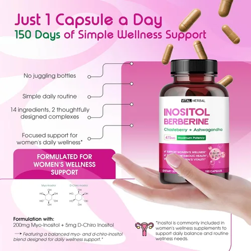 Miniatura 6 de Inositol liposomal con berberina, chasteberry y ashwagandha - Apoya el bienestar de las mujeres, el equilibrio hormonal y el metabolismo - 150