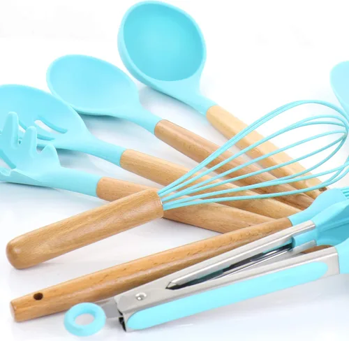 Miniatura 2 de MegaChef Tool - Juego de utensilios de cocina de madera, 12 piezas, verde azulado claro y textura de madera Textura verde azulado claro y madera
