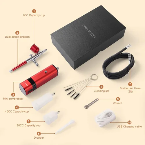 Miniatura 7 de Kit de aerógrafo con compresor, juego de pistola de aire mini portátil de 32PSI, cepillos de aire de alta presión portátiles para pintar, tatuajes