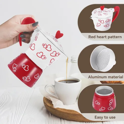 Miniatura 3 de HERCHR Red Heart - Olla de aluminio para moka, cafetera de café expreso con mango ergonómico antideslizante para verter sobre la cafetera