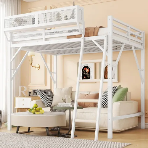 Miniatura 24 de KEIKI Estructura de Cama Loft de Metal Tamaño Twin con Escalera Convertible, Estantes de Almacenamiento Integrados y Armario, Cama Loft con Listones