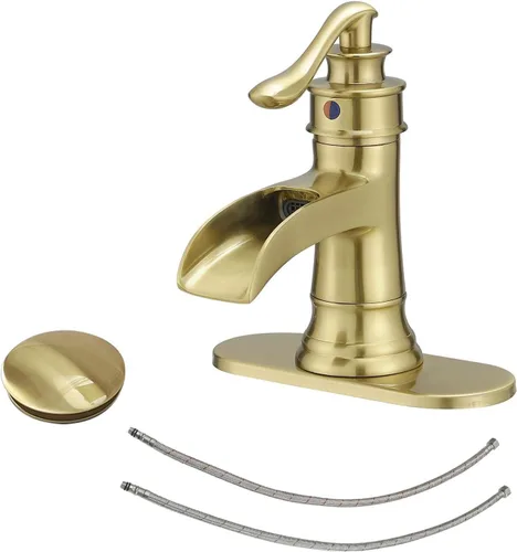 Miniatura 14 de BWE - Grifo de baño de cascada de una manija, cromado y dorado, para tocador con tapón de drenaje emergente con rebosadero, de un agujero, palanca