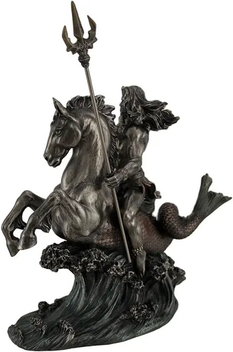 Miniatura 2 de Zeckos Poseidón griego Dios del mar sosteniendo Tridente en hipocampo Estatua de mesa de metal marrón oscuro/negro