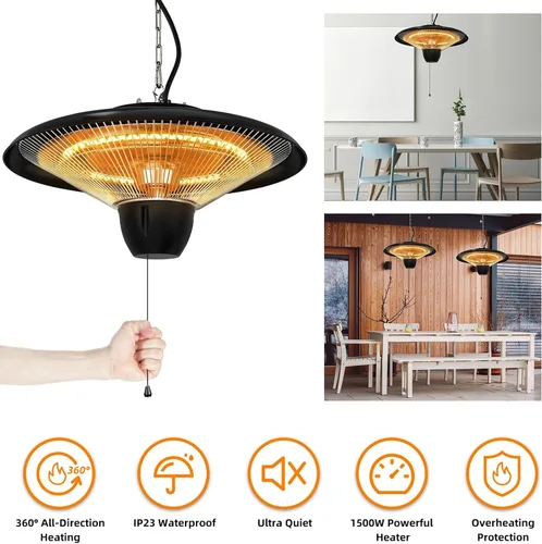 Miniatura 3 de KOCASO Calentador colgante de patio de 1500 W para interiores y exteriores, lámpara de calefacción eléctrica ultra silenciosa, IP23, impermeable, 2