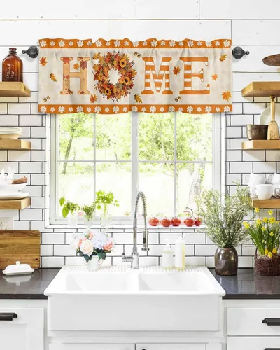 Miniatura 8 de Autumn Home - Cortina de cenefas para cocina, cafetería, corona de hojas de arce, cenefa de ventana de hojas de otoño, 1 panel de cortinas cortas