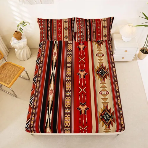Miniatura 10 de Juego de ropa de cama de estilo bohemio occidental, tamaño individual, diseño de vaca atrapasueños, sábana bajera ajustable del suroeste, tribu