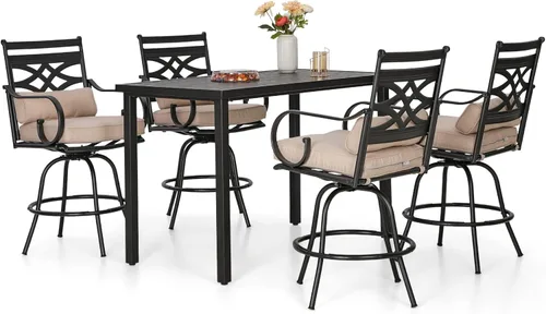 Sophia & William Juego de bar de patio de 5 piezas, juego de comedor alto para patio con 4 taburetes giratorios y 1 mesa de bar rectangular, muebles