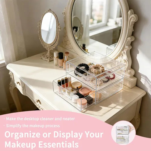 Miniatura 6 de Cajones de almacenamiento apilables transparentes, organizador de cajones de maquillaje acrílico con 2 cajones, contenedores de almacenamiento