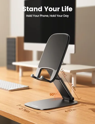 Miniatura 4 de Lamicall Soporte de teléfono ultrafino para escritorio, soporte plegable para teléfono celular de altura ajustable, base pesada resistente, funda