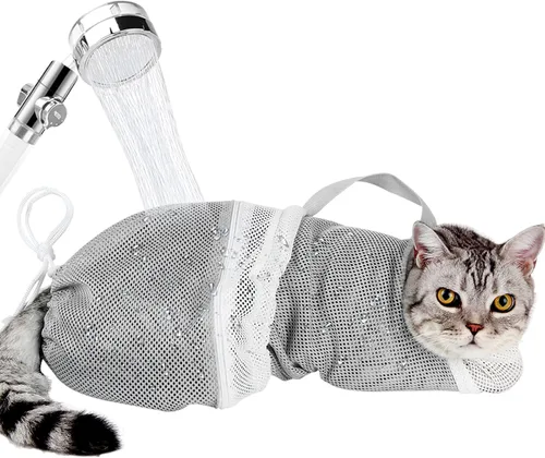 Miniatura 16 de Juego de baño para gatos, 8 piezas, red de ducha para gatos, bozal de malla, cepillo ajustable, cortaúñas, removedor de garrapatas, restricción